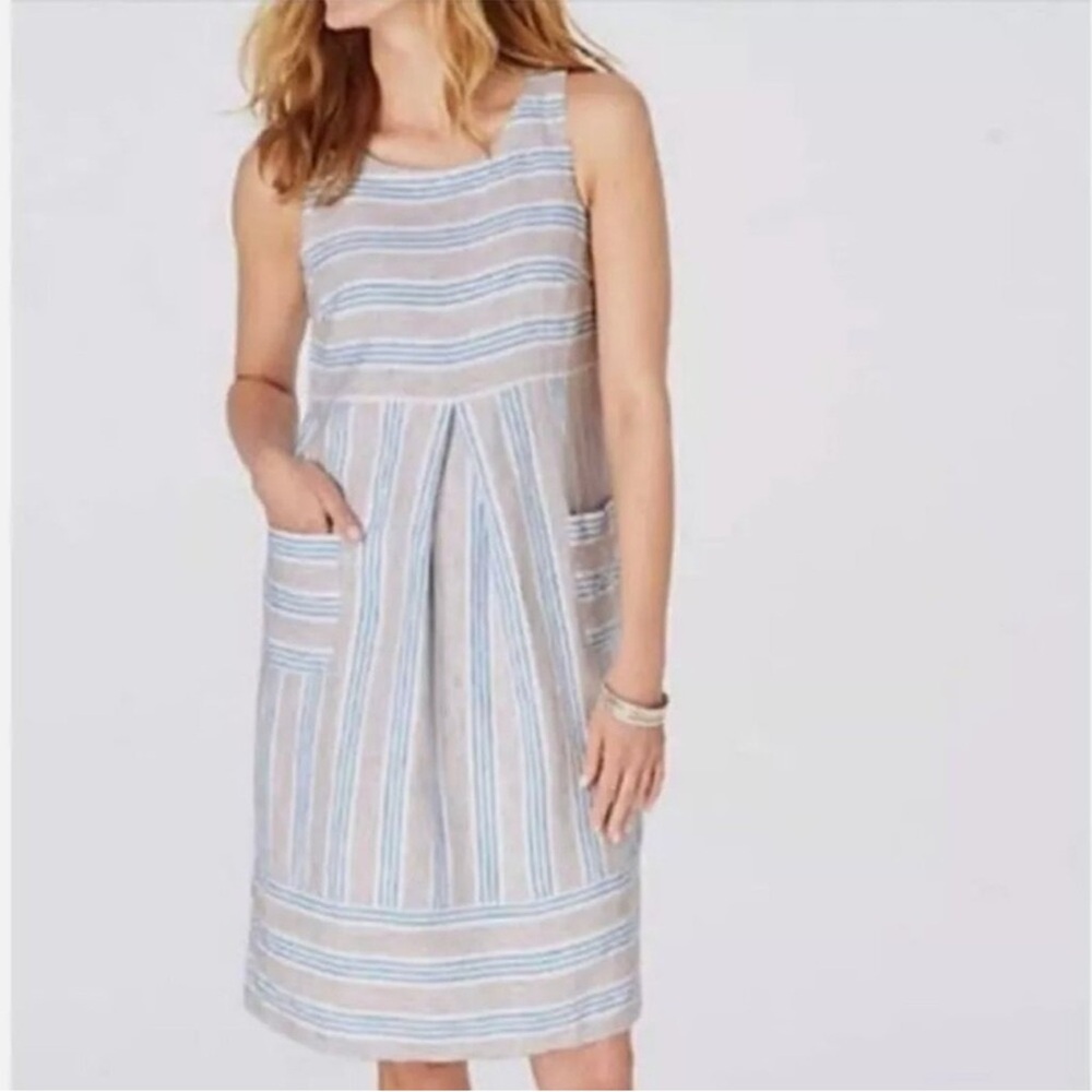 J. Jill Love Striped Pleated Sleevless Linen Shift Sundress Size Medium